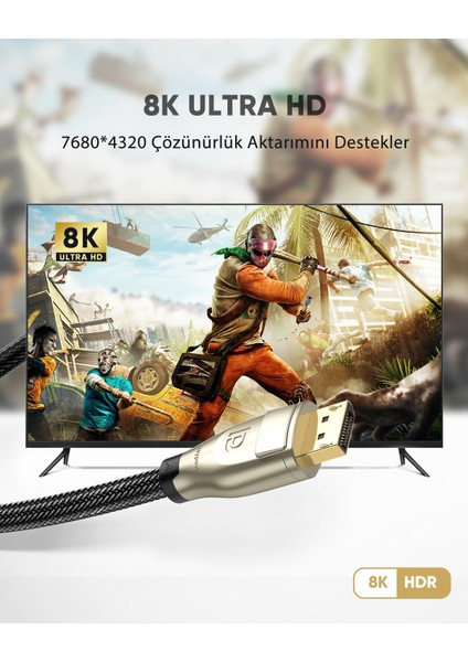 8k 60Hz 4K 144Hz V1.4 Displayport Görüntü ve Ses Aktarım Kablosu 2 Metre, 60843 modelleri