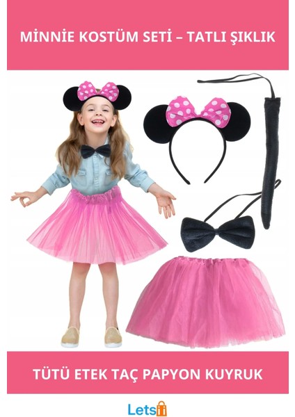 Pembe Tütü Etekli Minnie Mouse Kostümü Çocuklar Için Taç Papyon ve Kuyruk