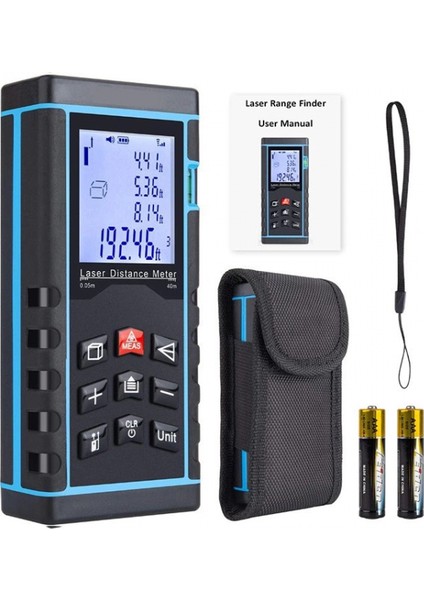 Profesyonel 40 Metre Dijital Lazer Metre Ölçer LCD Ekran, Su Terazili, Alan Hacim, Pisagor Hesaplama ve 20 Kayıt Hafızası