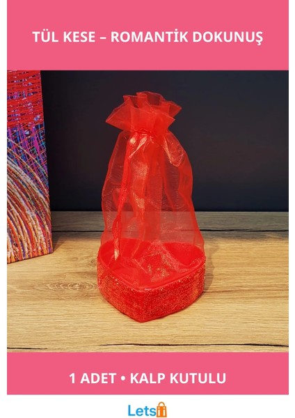 Şık Kırmızı Kalpli Tül Kese Hediyelik ve Süsleme 16 cm