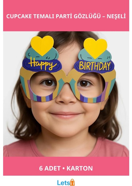 Cupcake Temalı Renkli Karton Happy Birthday Gözlüğü 6 Adet