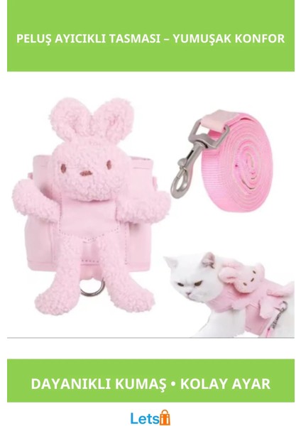 Peluş Ayıcıklı Ayarlanabilir Göğüs Tasması ile Metal Kancalı Gezdirme Tasmaları