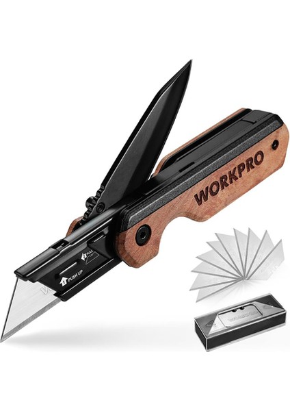 WP211015 2-In-1 Ahşap Saplı Profesyonel Cep Çakısı & Katlanır Rötuş Maket Bıçağı + 11 Adet Yedek Bıçak