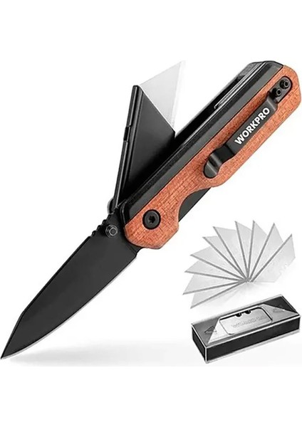 WP211015 2-In-1 Ahşap Saplı Profesyonel Cep Çakısı & Katlanır Rötuş Maket Bıçağı + 11 Adet Yedek Bıçak modelleri