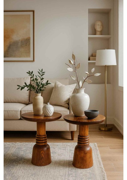 Meşe Renk Masif Ahşap Yan Sehpa 2’li Set – Şık Zigon Fiskos Takımı