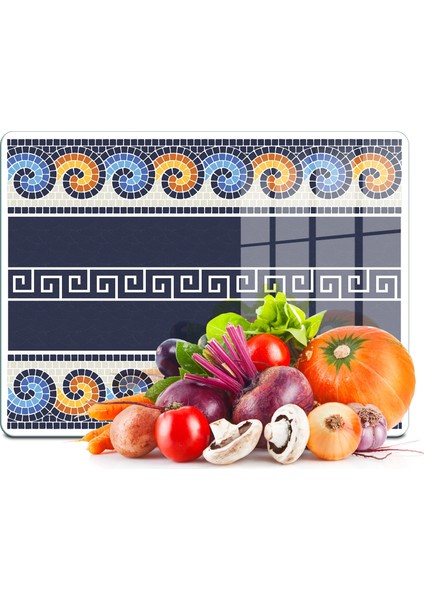 Cam Kesme Tahtası ve Sunumluk Renkli Geometrik Desenli 20X30 cm