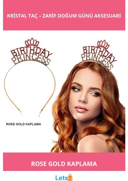Rose Gold Kaplama Kristal Taç Doğum Günü Prensesi