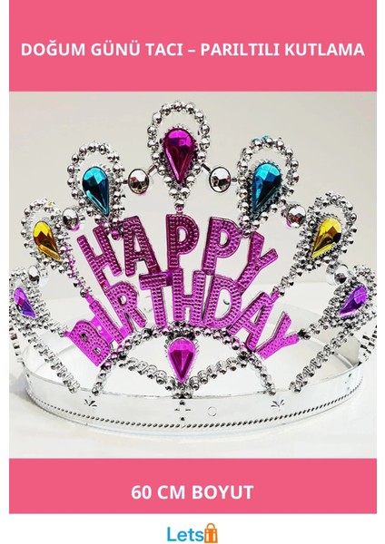 Gümüş Renk Happy Birthday Yazılı Doğum Günü Tacı 60 cm