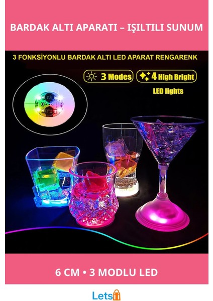 Işıklı Yapışkanlı Bardak Altı Aparatı Ledli 3 Modlu