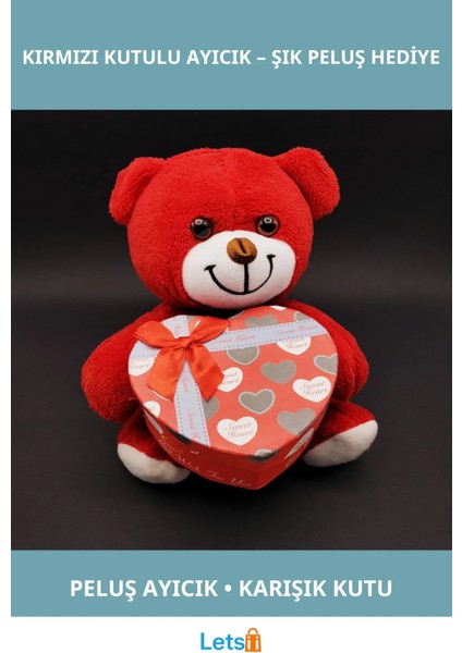 Yumuşak Peluş Hediyelik Kırmızı Kutulu Ayıcık 25 cm