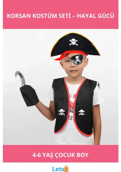 Eğlenceli Korsan Kostümü Çocuklar Için 4 6 Yaş | Yelek, Şapka, Göz Bandı ve Kanca Aksesuarlı