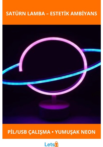 Neon Işıklı Taşınabilir Satürn Lamba USB Pil Ile Çalışan Dekoratif Aydınlatma