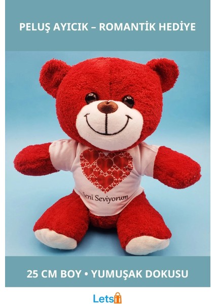 Kırmızı Peluş Oyuncak Kalpli Seni Seviyorum Tişörtlü Ayıcık 25 cm