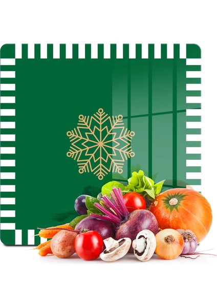 Cam Kesme Tahtası ve Sunumluk Kare Yeşil Beyaz Kar Tanesi Desenli 30X30 cm