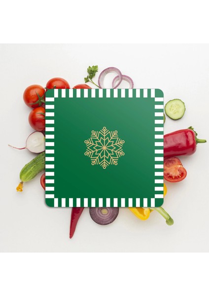 Cam Kesme Tahtası ve Sunumluk Kare Yeşil Beyaz Kar Tanesi Desenli 30X30 cm modelleri