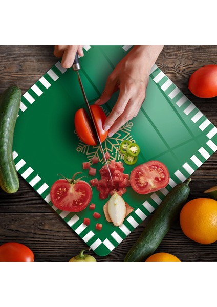 Cam Kesme Tahtası ve Sunumluk Kare Yeşil Beyaz Kar Tanesi Desenli 30X30 cm fırsatları