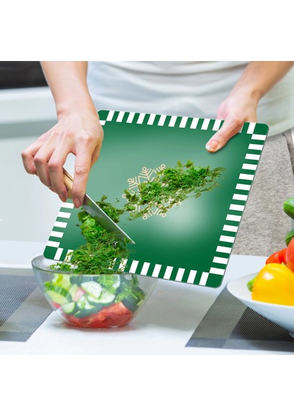 Cam Kesme Tahtası ve Sunumluk Kare Yeşil Beyaz Kar Tanesi Desenli 30X30 cm indirimleri