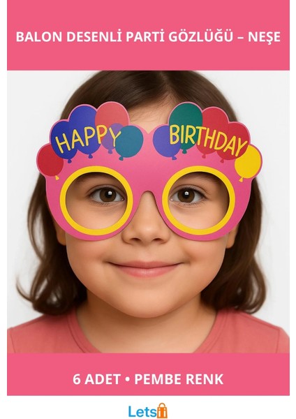 Pembe Balon Desenli Karton Doğum Günü Gözlükleri 6 Adet