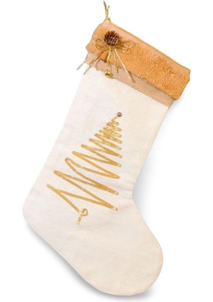 Yeni Yıl Şömine Çorabı,ağaç Figürlü Keten Yılbaşı Çorabı , Yılbaşı Ağacı Süsü, Noel Çorabı