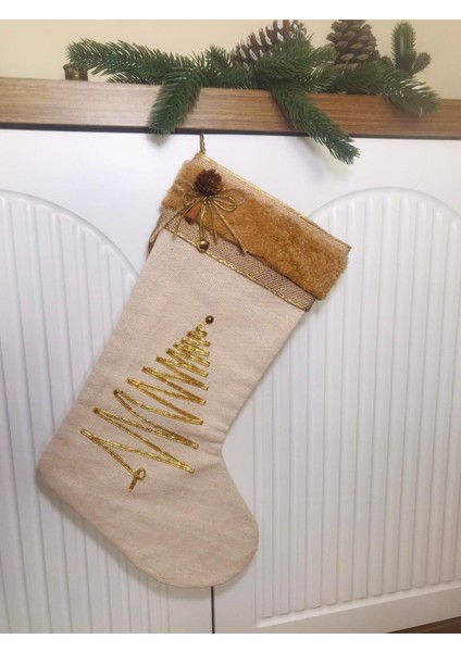 Yeni Yıl Şömine Çorabı,ağaç Figürlü Keten Yılbaşı Çorabı , Yılbaşı Ağacı Süsü, Noel Çorabı modelleri