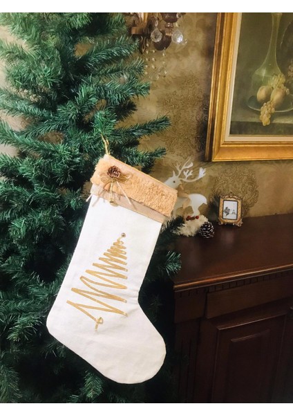 Yeni Yıl Şömine Çorabı,ağaç Figürlü Keten Yılbaşı Çorabı , Yılbaşı Ağacı Süsü, Noel Çorabı fırsatları