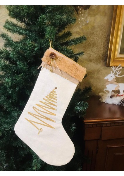 Yeni Yıl Şömine Çorabı,ağaç Figürlü Keten Yılbaşı Çorabı , Yılbaşı Ağacı Süsü, Noel Çorabı indirimleri