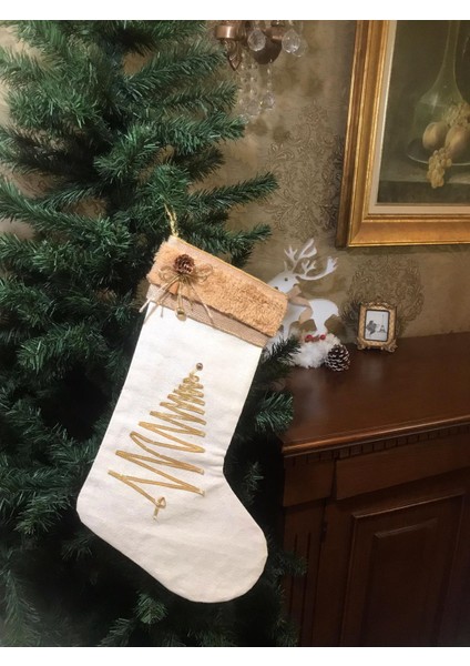 Yeni Yıl Şömine Çorabı,ağaç Figürlü Keten Yılbaşı Çorabı , Yılbaşı Ağacı Süsü, Noel Çorabı