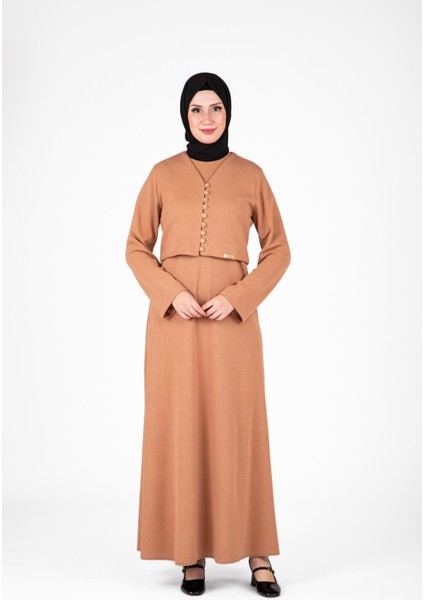 Ceketli Örme Elbise Takım Bej 9472