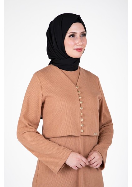 Ceketli Örme Elbise Takım Bej 9472