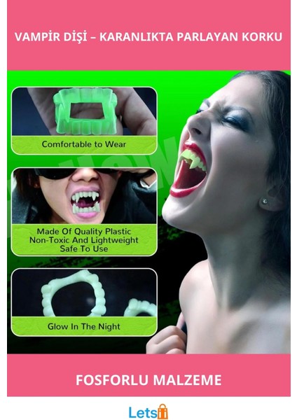 Fosforlu Çift Damak Takma Vampir Dişi Karanlıkta Işıldayan Kostüm Aksesuarı
