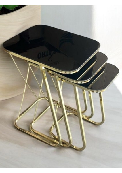 3'lü Kare Zigon Sehpa Seti Gold Ayak Siyah Cam