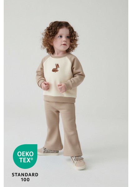 Baby Deer 2li %100 Pamuk Nakışlı Iki Iplik Ispanyol Paça Üst Takım