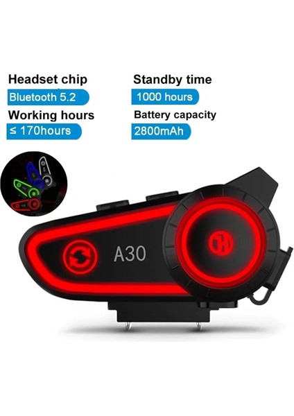 A30 Motosiklet Kask Kulaklık Intercom Işıklı 2 Eşleşme Özellikli