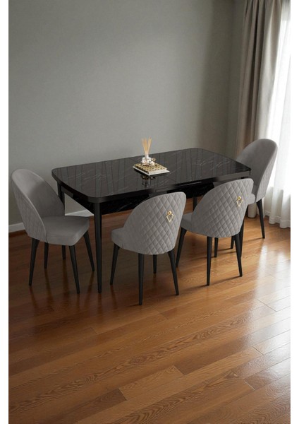 Mura Siyah Mermer 80X132 Açılabilir Mdf Masa Yemek Odası Takımı, Mutfak Takımı 4 Adet Sandalye