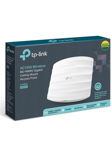 Tp-Lınk Omada EAP225 AC1350 Dual Band Wıfı 1xgbıt RJ45 450MBPS/2.4GHZ Tavan Tipi Access Poınt (Poe Adaptörü Dahil)