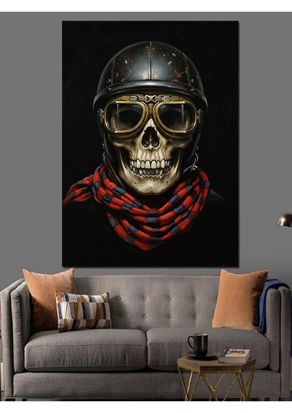 Kasklı Kurukafa Motorsikletçi Portre Dekoratif Kanvas - Mdf Ahşap Tablo