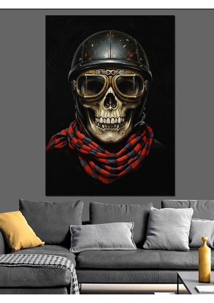 Kasklı Kurukafa Motorsikletçi Portre Dekoratif Kanvas - Mdf Ahşap Tablo fiyatları