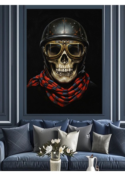 Kasklı Kurukafa Motorsikletçi Portre Dekoratif Kanvas - Mdf Ahşap Tablo modelleri