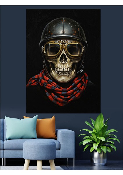 Kasklı Kurukafa Motorsikletçi Portre Dekoratif Kanvas - Mdf Ahşap Tablo fırsatları