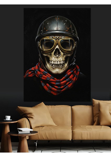 Kasklı Kurukafa Motorsikletçi Portre Dekoratif Kanvas - Mdf Ahşap Tablo indirimleri