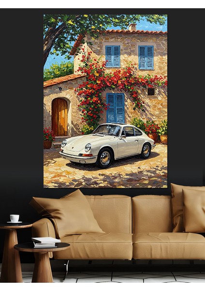 Akdeniz Kasabasında Eski Araba Dekoratif Kanvas - Mdf Ahşap Tablo