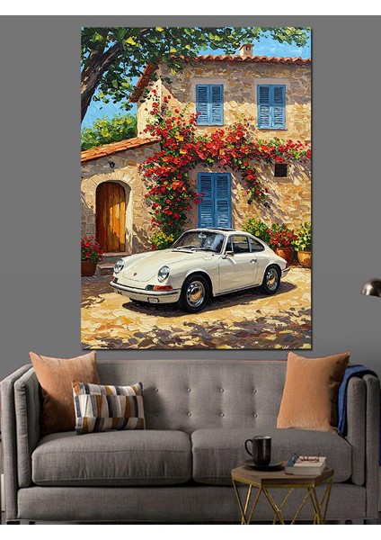 Akdeniz Kasabasında Eski Araba Dekoratif Kanvas - Mdf Ahşap Tablo fiyatları