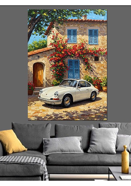 Akdeniz Kasabasında Eski Araba Dekoratif Kanvas - Mdf Ahşap Tablo modelleri