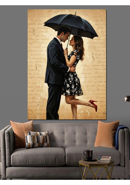 Yağmurda Şemsiyeli Sevgililer Dekoratif Kanvas - Mdf Ahşap Tablo