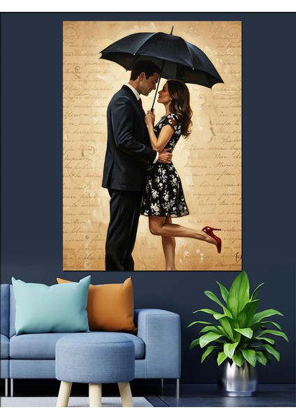 Yağmurda Şemsiyeli Sevgililer Dekoratif Kanvas - Mdf Ahşap Tablo fırsatları