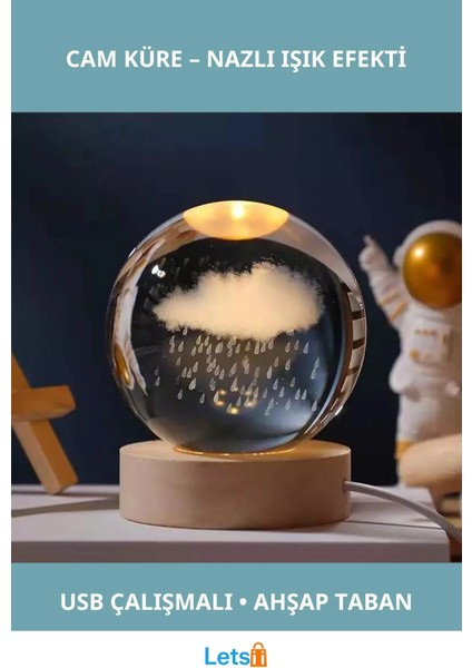 Yağmur Bulutu Tasarımlı Işıklı Cam Küre Ahşap Altlıklı Dekoratif Aydınlatma