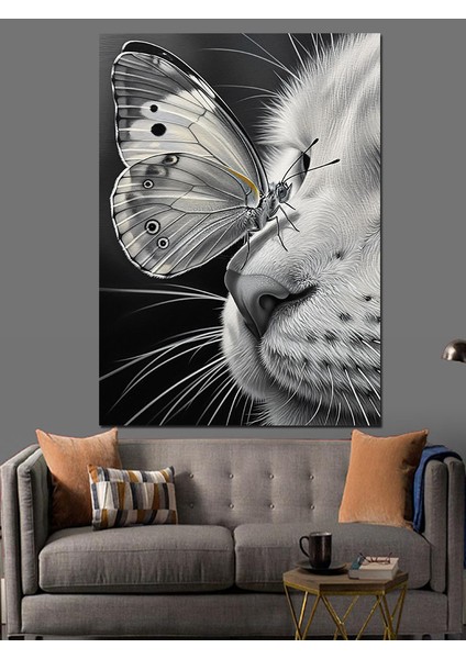 Siyah Beyaz Kedi Burnu ve Kelebek Dekoratif Kanvas - Mdf Ahşap Tablo
