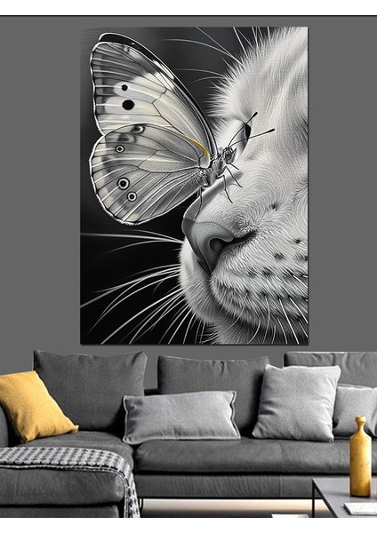 Siyah Beyaz Kedi Burnu ve Kelebek Dekoratif Kanvas - Mdf Ahşap Tablo fiyatları
