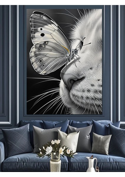 Siyah Beyaz Kedi Burnu ve Kelebek Dekoratif Kanvas - Mdf Ahşap Tablo modelleri