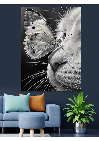 Siyah Beyaz Kedi Burnu ve Kelebek Dekoratif Kanvas - Mdf Ahşap Tablo fırsatları
